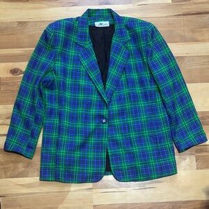 Women’s Vintage CLUB FRANCE Green and Blue Plaid Shoulder Pad Blazer, XL
